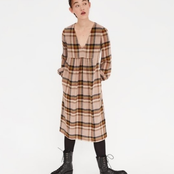 ZARA Check Tartan Plaid Print Pocket V-Neck Midi Dress Small Brown Blue - Picture 4 of 12